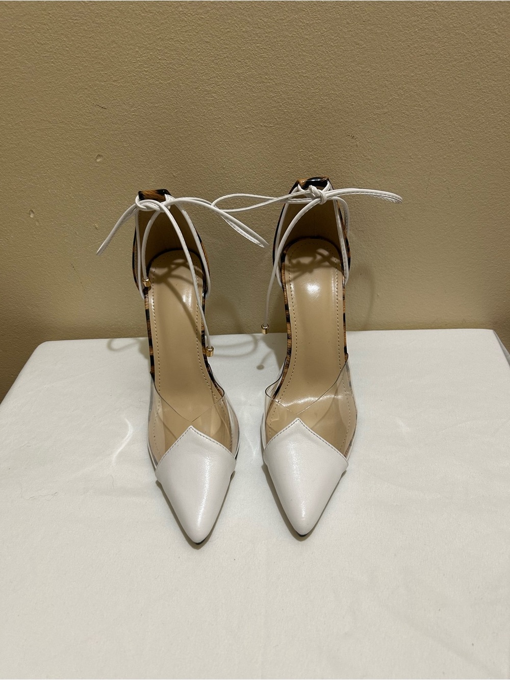 Women’s White Pointed-Toe Ankle-Tie Heels